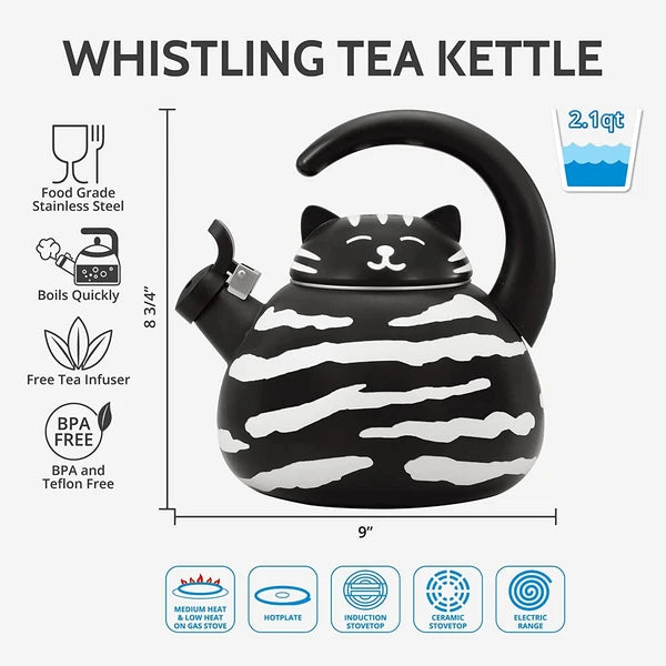 Supreme Novelty Enamel Stovetop Whistling Tea Kettle, Black and White Cat - New