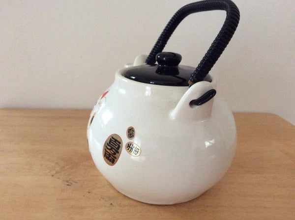 ENAMEL KETTLE TEAPOT CAT DESIGN PLASTIC HANDLE