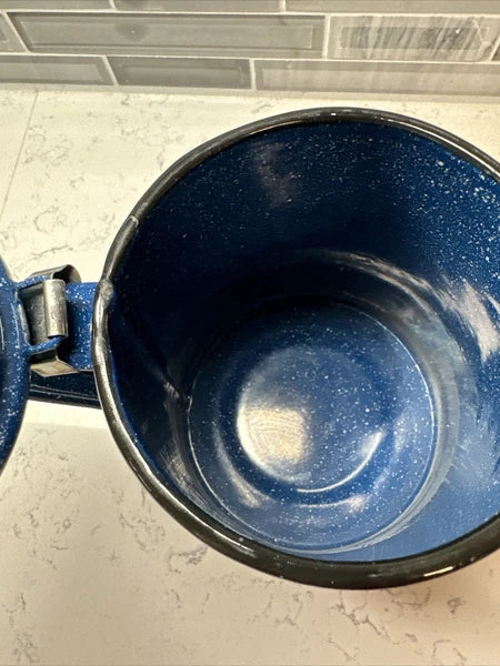 Vintage blue and white speckled enamel coffee/tea kettle 8” hiking camping RV
