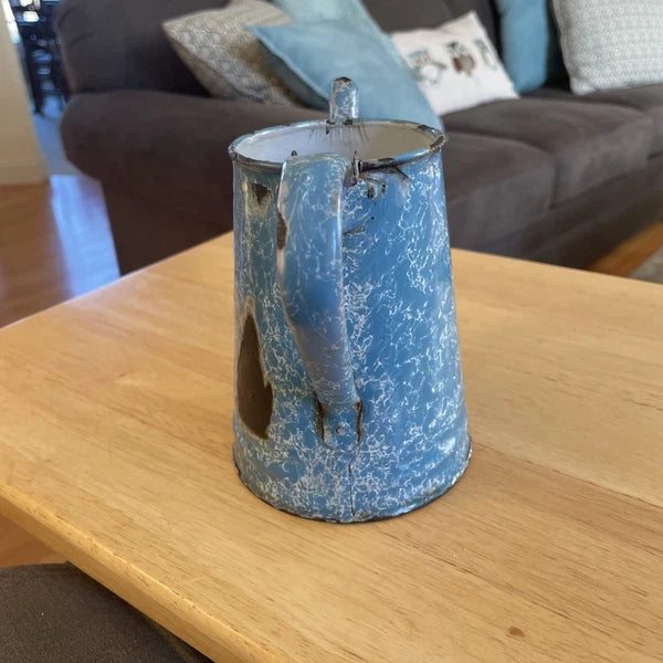 VTG Robin Egg Blue Splatter Swirl Graniteware Enamelware 6” Teapot No Lid