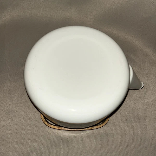 Vintage 80s Enamel Tea Kettle/ Pot With Bamboo Handle Fruit Pattern Cream Color.