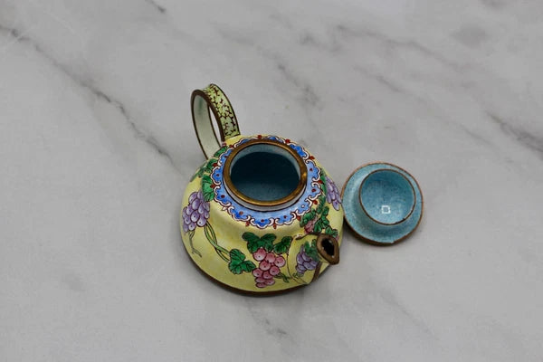 Cute Small Enamel on Copper Teapot Figurine