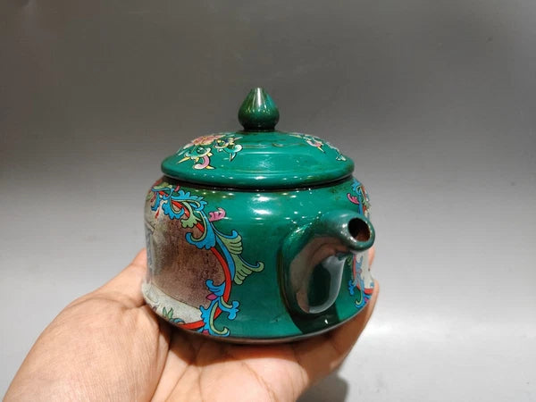 Chinese Purple Clay Pot Health Trays Figurine Enamel Painted Carved Floral