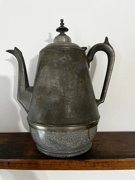 Antique Gray Graniteware Pewter Tea Pot Enamelware c1880