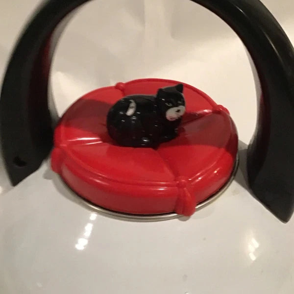 Red And White Enamel Kitty Cat Tea Kettle W/ Small Repair - Discounted