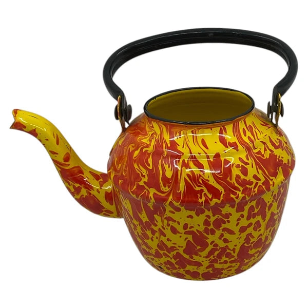 Orange Yellow Tea Pot Kettle Vntg Enamelware Splatter Swirl Graniteware No Lid