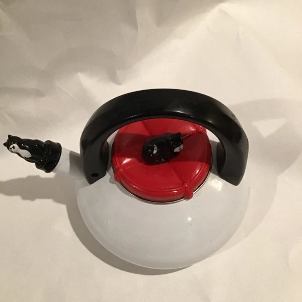 Red And White Enamel Kitty Cat Tea Kettle W/ Small Repair - Discounted