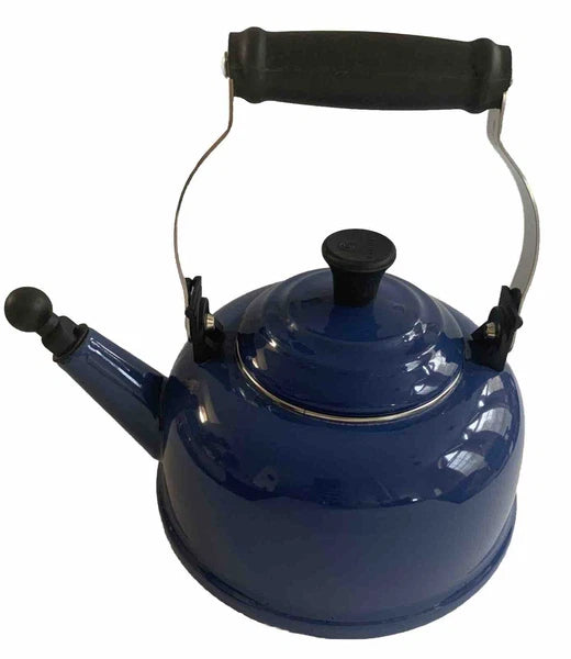 Le Creuset Whistling Tea Kettle Blue 1.6 Liter 1.7 Quart Enamel Steel Small Chip