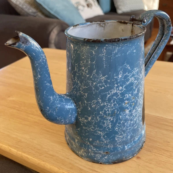 VTG Robin Egg Blue Splatter Swirl Graniteware Enamelware 6” Teapot No Lid