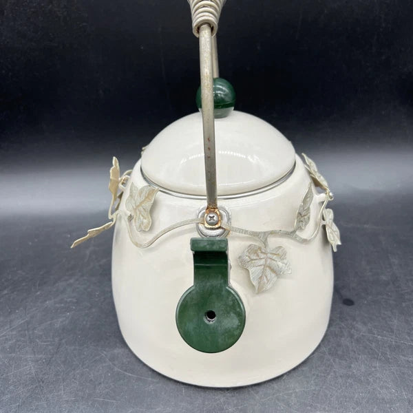 VTG Via Ancona White Enamel Whistling Tea Kettle Ivory, Green Knob Ivy Garland