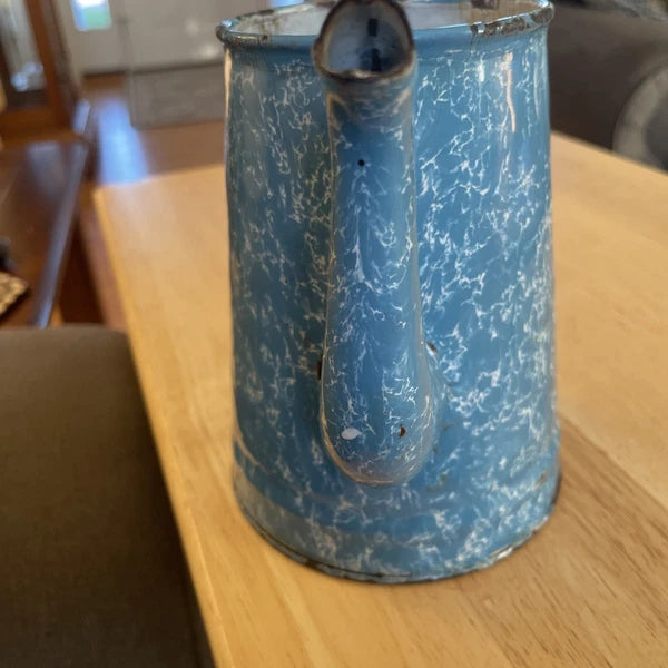 VTG Robin Egg Blue Splatter Swirl Graniteware Enamelware 6” Teapot No Lid