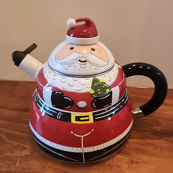 Vintage Santa Claus Enamel Whistling Tea Pot Kettle Holiday 3 Quart Christmas