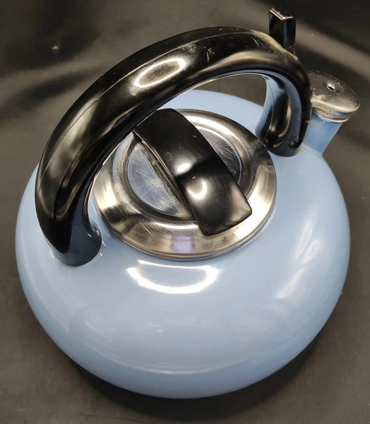 Kamenstein Vintage Light Blue Enamel Tea Kettle Whistling Teapot Indonesia 1991