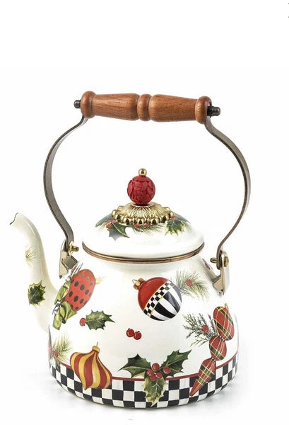 NEW MacKenzie Childs Deck the Halls Christmas Enamel Tea Kettle 2 Quart