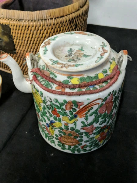 Vintage CHINESE TEA SET in Warmer Wicker basket with Teapot and 2 Cups