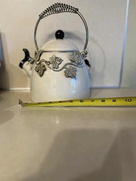 Enamel Whistling Tea Kettle Via Ancona White Ivory, Green Knob Ivy Garland