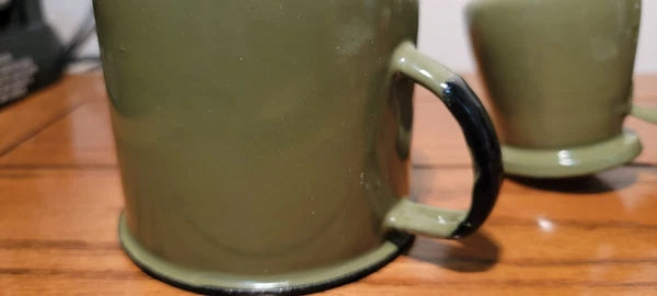 VINTAGE SET OF HUTA SILESIA ENAMEL WARE GREEN/WHITE CUP, TEA POT, WARMING POT