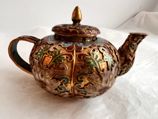 Vintage Miniature Asian Cloisonné Teapot Floral Enamel Trinket Box