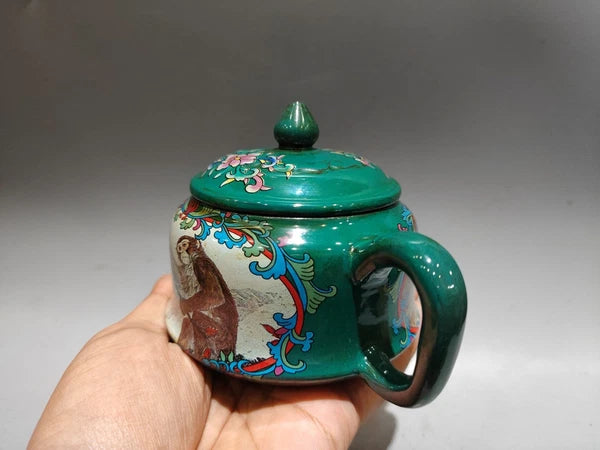 Chinese Purple Clay Pot Health Trays Figurine Enamel Painted Carved Floral