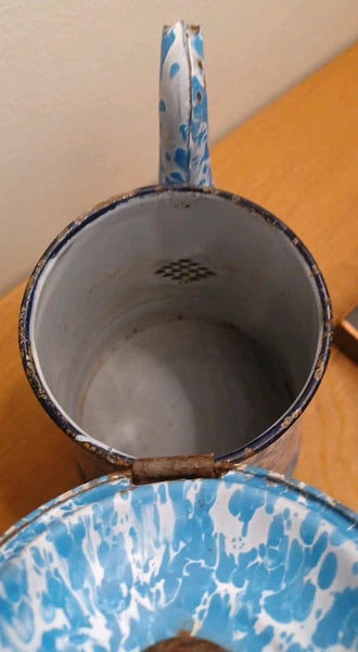 Antique Blue White Swirl Graniteware Enamelware Gooseneck Coffee Tea Pot .