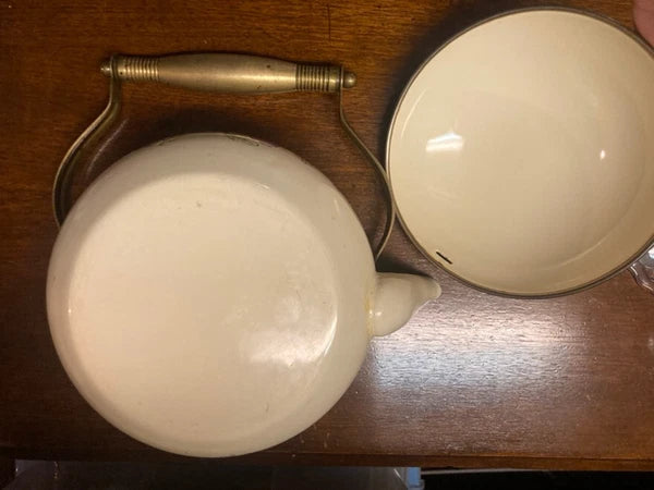 Vintage Enamelware Tea Kettle 1960s Teapot Brass Handles Floral Pink Purple