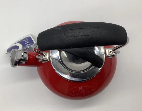 Chantal Whistling Tea Kettle Teapot Red & Silver Enamel 1.8 Quart New With Flaw