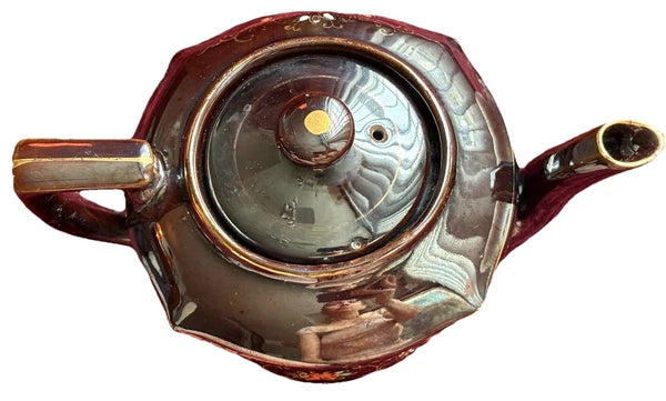 Vtg Japanese Redware Teapot Brown Betty Moriage Enamel Hand Painted Deco 2 Chips