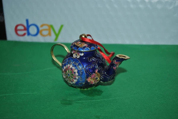 VTG CLOISONNE PRECIOUS  Art TEAPOT Enamel Ornament Cobalt Floral Ornate