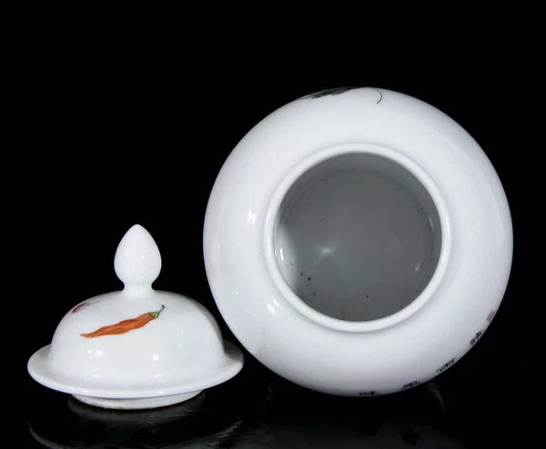 Qianlong Signed Pair Old Chinese Colour Enamel Lid Pot W/cabbage N3580