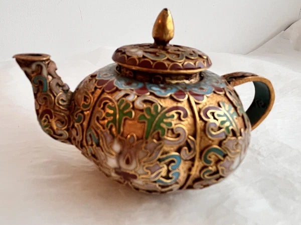 Vintage Miniature Asian Cloisonné Teapot Floral Enamel Trinket Box
