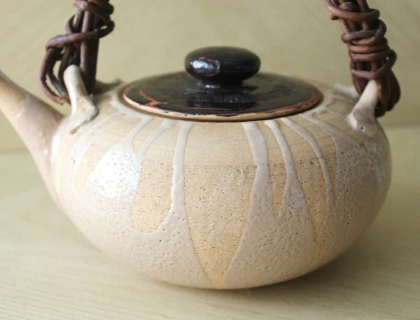 Vtg Asian Chinese Japanese Ceramic Clay Enameled Flat Teapot Kettle Raku Ware?