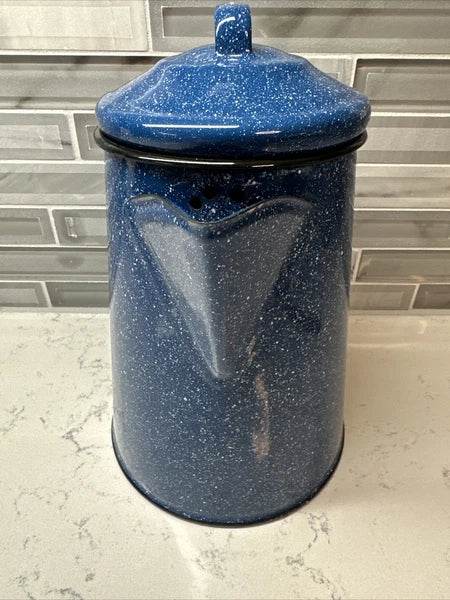 Vintage blue and white speckled enamel coffee/tea kettle 8” hiking camping RV