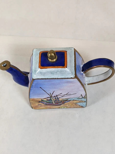 Kelvin Chen Handpainted Miniature Enamel Tea Pot brass boat scene