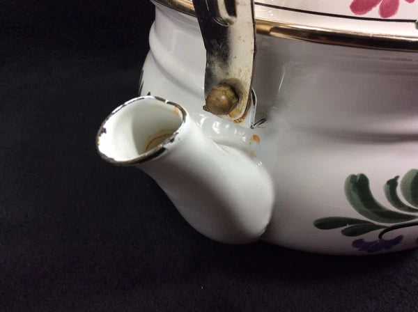 Vintage Enameled Metal Floral Teapot / Kettle Ceramic Handle + Brass Knob