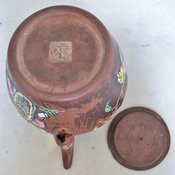 Big 7.7" Old Chinese YIXING Clay Teapot w/ Enameled Bird, Flowers & Dignitaries