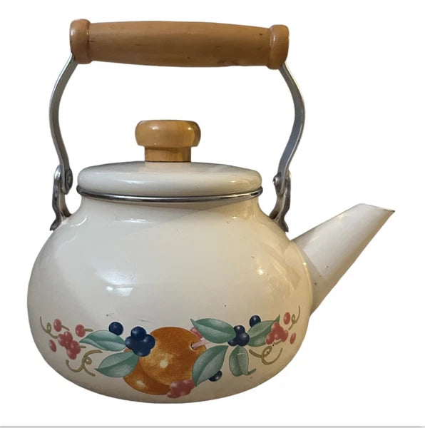 Vintage Lincoware Off White Enamel Metal Fruit Motif Teapot Tea Kettle