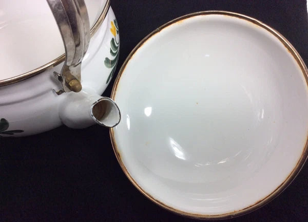 Vintage Enameled Metal Floral Teapot / Kettle Ceramic Handle + Brass Knob