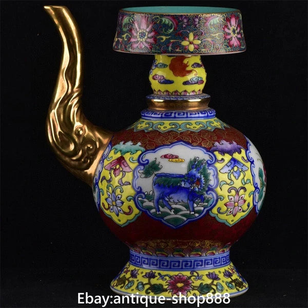 Qianlong Colour Enamel Porcelain Gilt Kylin Qilin Chilin Dragon Beast Kettle Pot