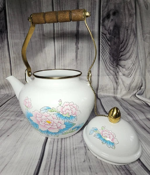 Vtg 1988 Tea Kettle Pot Enamel White Poppies Flowers Brass National Housewares