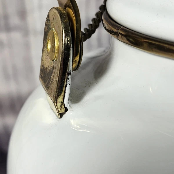 Vtg 1988 Tea Kettle Pot Enamel White Poppies Flowers Brass National Housewares