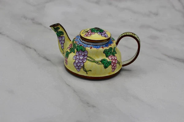 Cute Small Enamel on Copper Teapot Figurine
