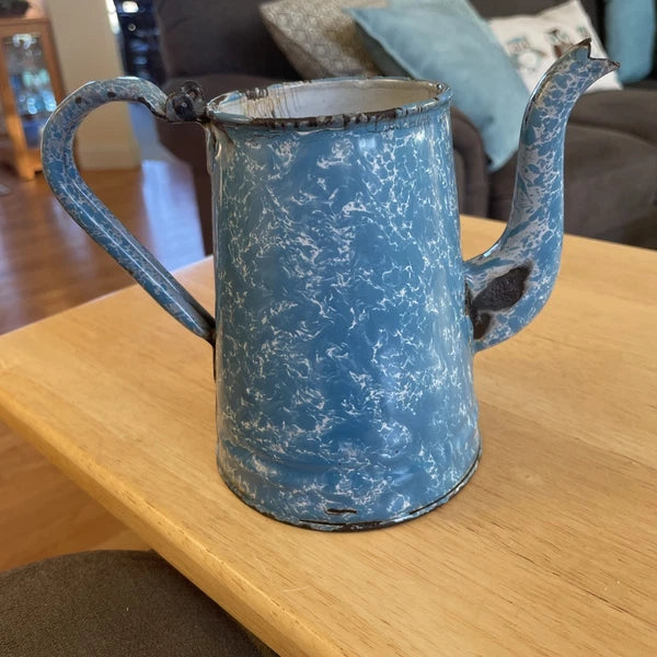 VTG Robin Egg Blue Splatter Swirl Graniteware Enamelware 6” Teapot No Lid