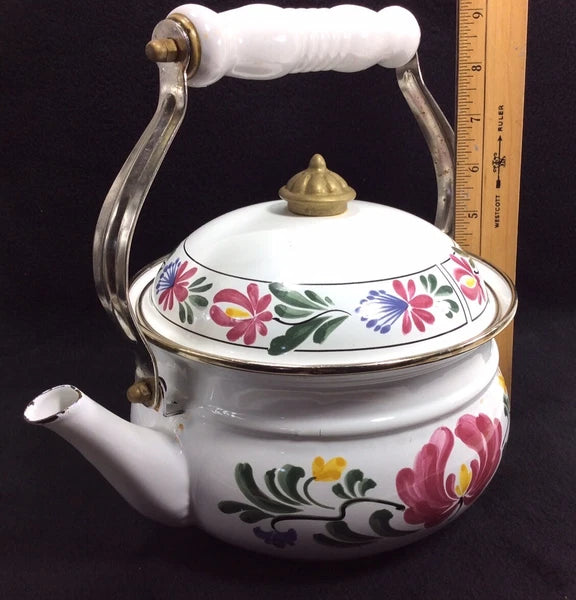 Vintage Enameled Metal Floral Teapot / Kettle Ceramic Handle + Brass Knob