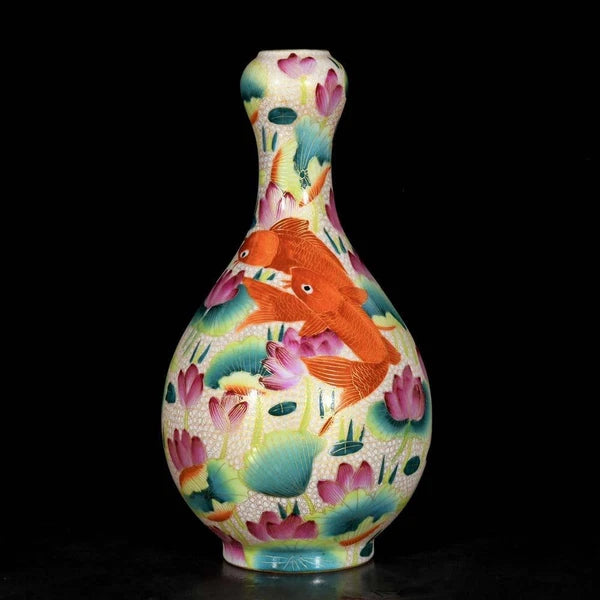 Qianlong Signed Old Chinese Colour Enamel Vase W/fish N3673