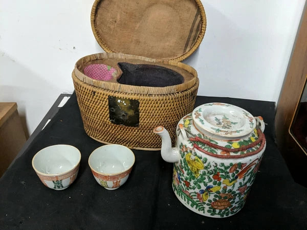 Vintage CHINESE TEA SET in Warmer Wicker basket with Teapot and 2 Cups