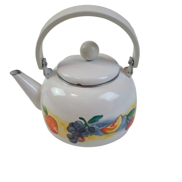 vintage white enamel tea kettle