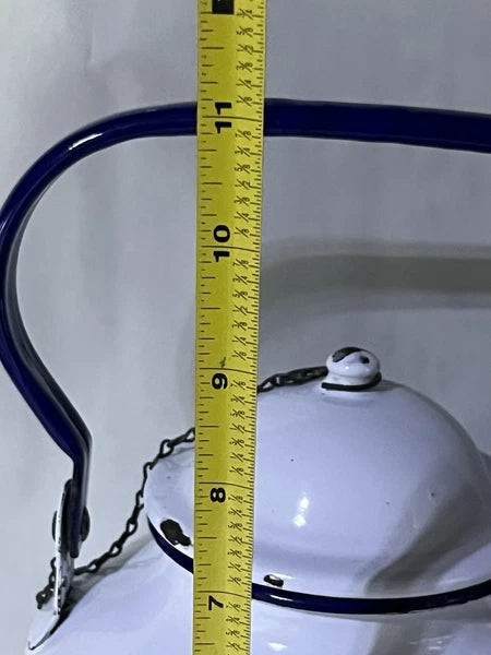 Vintage French Country Enamel tea kettle, "Copenhagen" 1960s Blue White Bistro