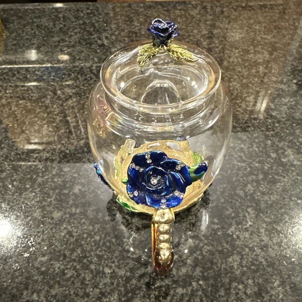 Teffania Teapot Handcrafted Crystal Glass W Blue Roses And Rhinestons 12 OZ