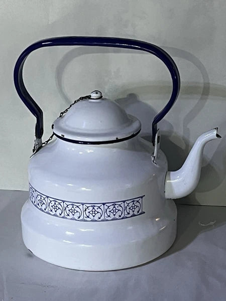Vintage French Country Enamel tea kettle, "Copenhagen" 1960s Blue White Bistro