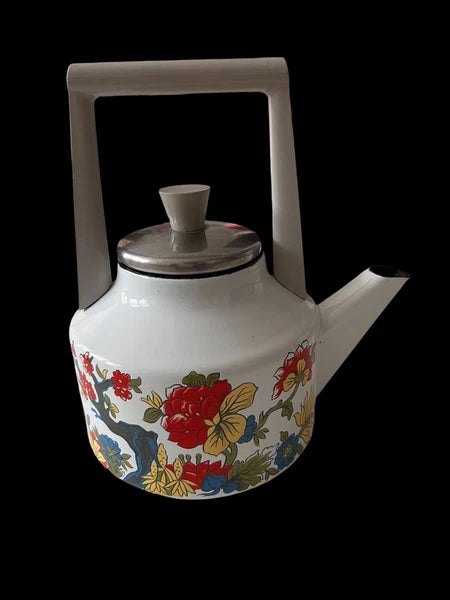 Vintage Retro Mod Bright Floral Enamel Tea Kettle MCM Teapot Flowers